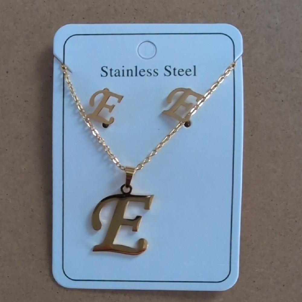 Elegant Gold Stainless Steel Initial E Necklace and Earring Set